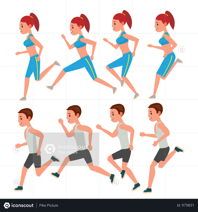 Male And Female Running Vector. Animation Frames Set. Sport Athlete Fitness Character. Marathon Road Race Runner. Woman Side View. Sportswear. Jogging Couple, Workout. Isolated Flat Illustration Illustration