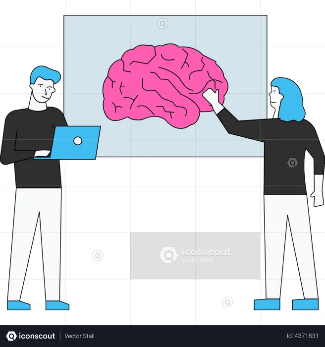 Male and female scientist developing ai brain  Illustration