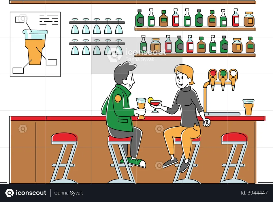 Male and Female Sit at Chairs Drinking Cocktail and Alcohol Beverages on Bar  Illustration