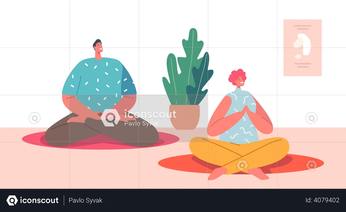 Male and Female Sitting in Yoga Class  Illustration