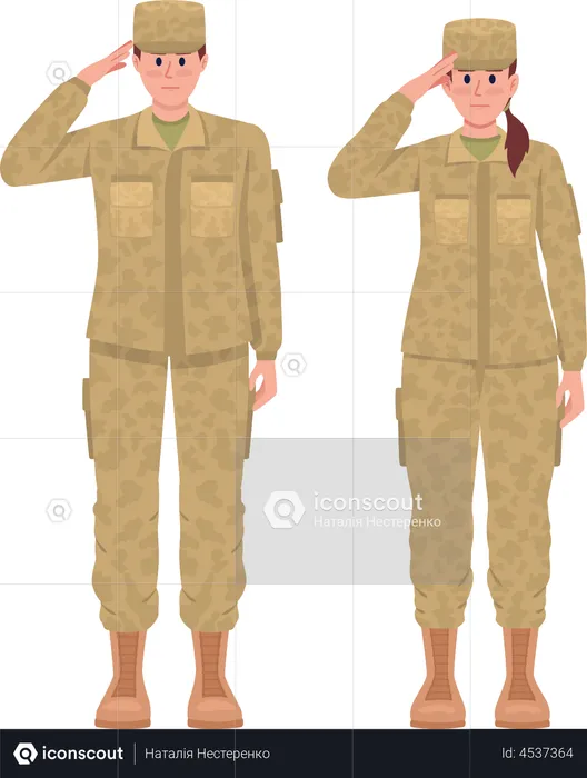 Male and female soldiers saluting  Illustration