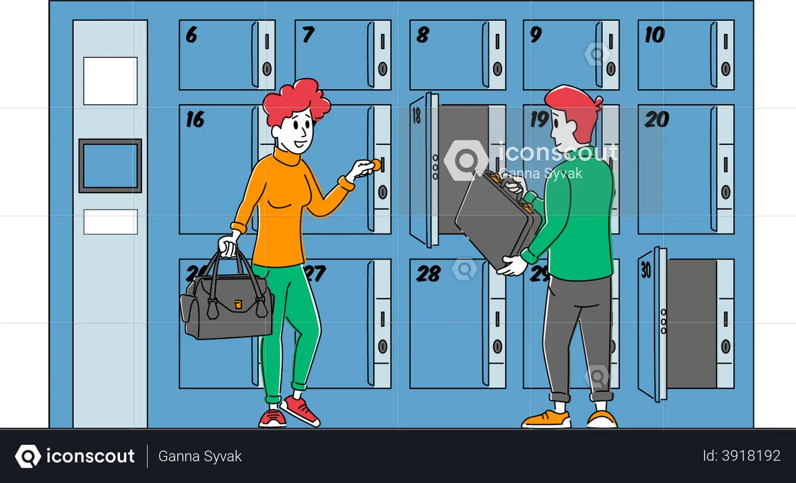 Male and Female Use Luggage Keeping Service Put Bags into Paid Numbered Lockers  Illustration