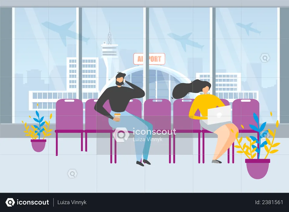 Male and female Waiting for Flight  Illustration