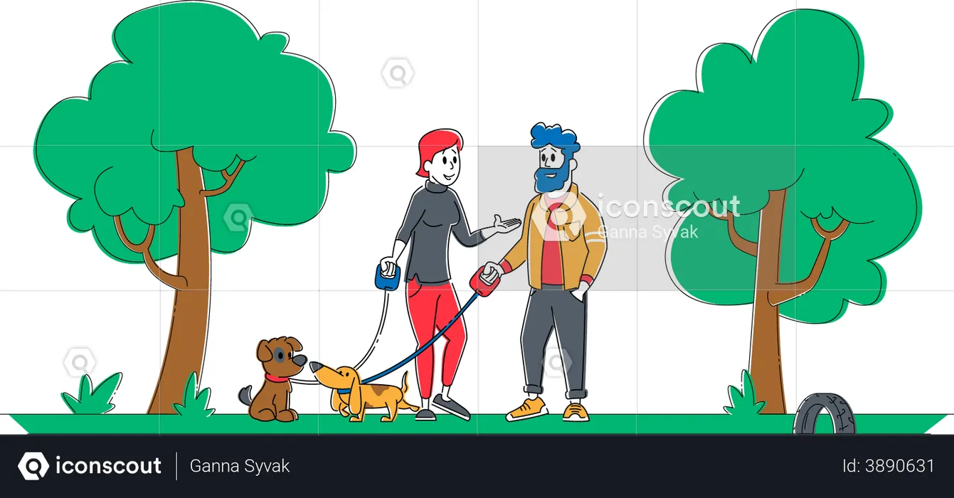 Male and Female Walking with Dogs in Park  Illustration