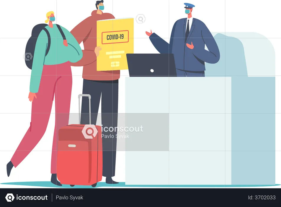Male and Female Wearing Medic Facial Masks with Luggage and Health Passport Pass Registration in Airport  Illustration