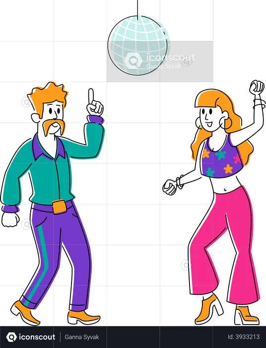 Male and Female Wearing Stylized Retro Costumes Dance at Disco Party  Illustration