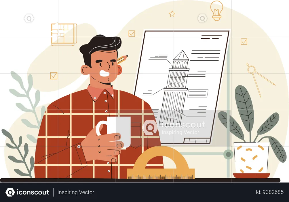 Male architecture looking at architect design while holding coffee cup  Illustration