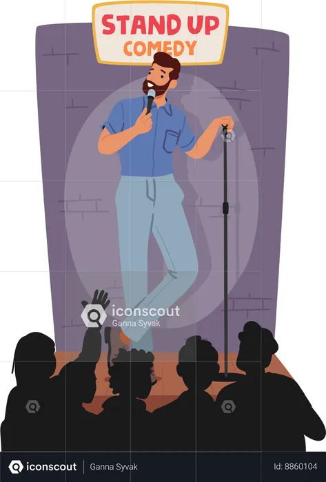 Male Artist Delivers Uproarious Standup On Stage  Illustration