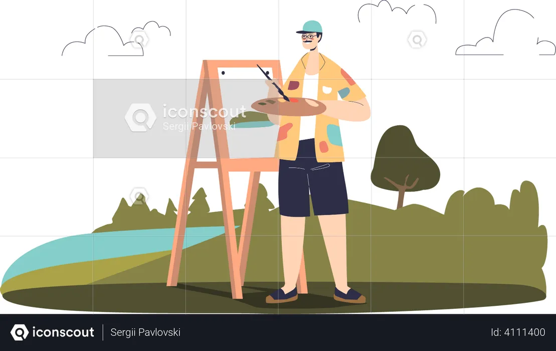 Male artist painting landscape in open air  Illustration