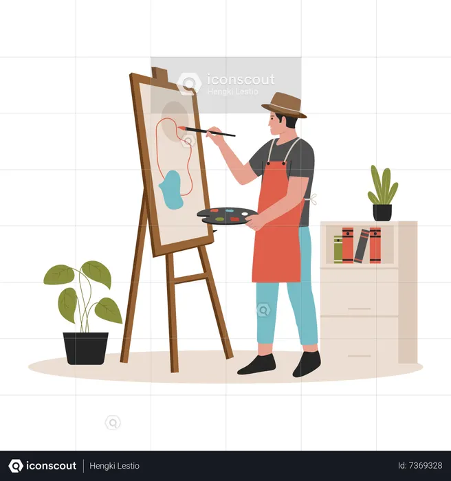 Male artist painting on canvas  Illustration