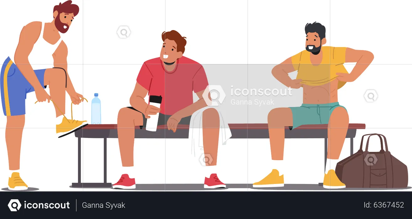 Male athlete drink water in locker room  Illustration