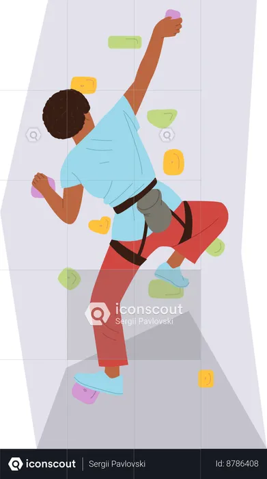 Male athlete making bouldering rock climbing artificial wall with stones  Illustration