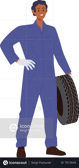 Male auto mechanic holding car tire  Illustration