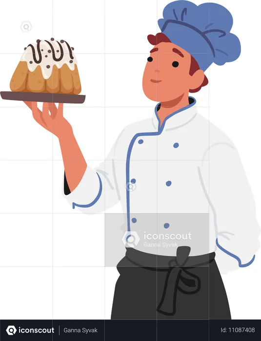 Male baker showing crafted cake  Illustration