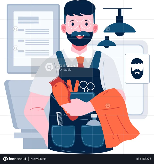Male barber standing with hairdressing tools  Illustration