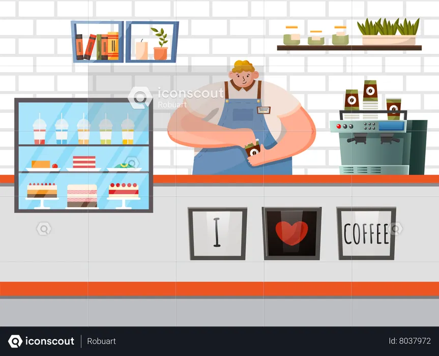 Male Barista at Work in Cafe  Illustration