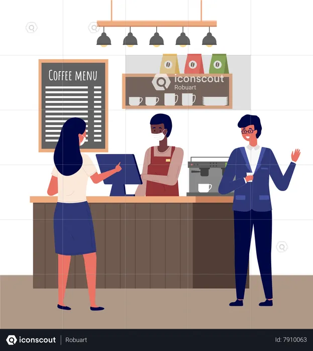 Male barista standing behind of  Coffee bar counter  Illustration