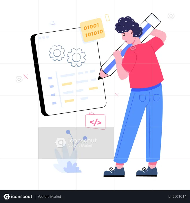 Male binary developer working with code  Illustration