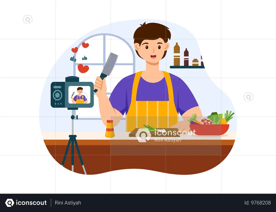 Male Blogger Recording food blog  Illustration