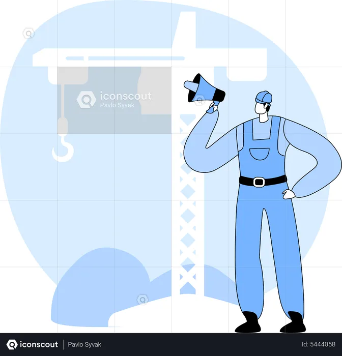 Male builder speaking in megaphone at construction site  Illustration