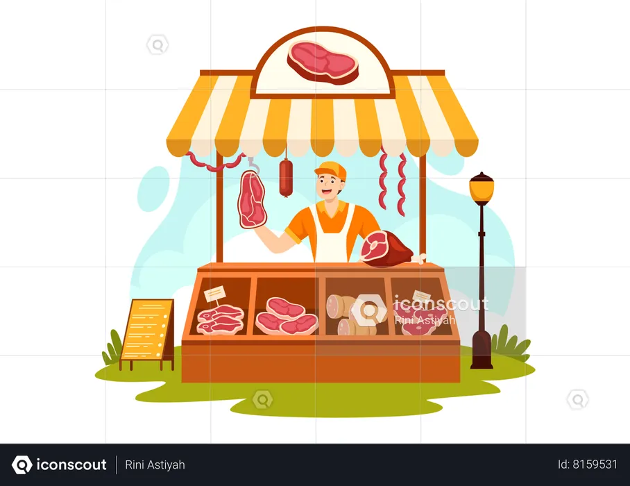 Male butcher selling meat  Illustration