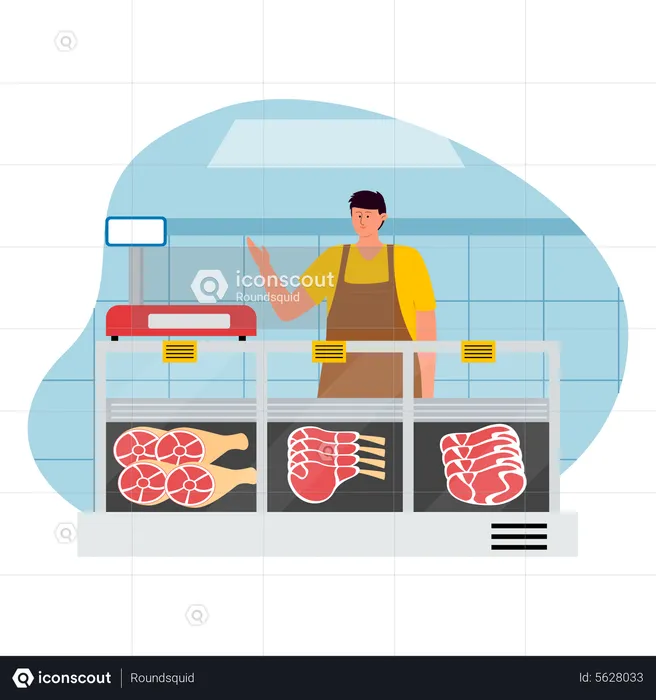 Male butcher selling meat  Illustration