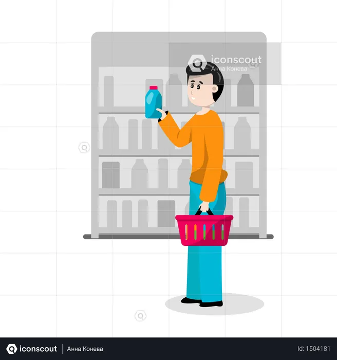 Male buyer chooses goods in supermarket store  Illustration