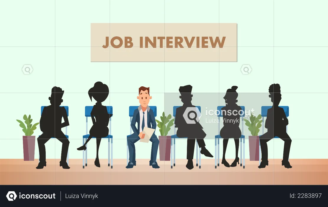 Male candidate holding resume sitting in queue  Illustration