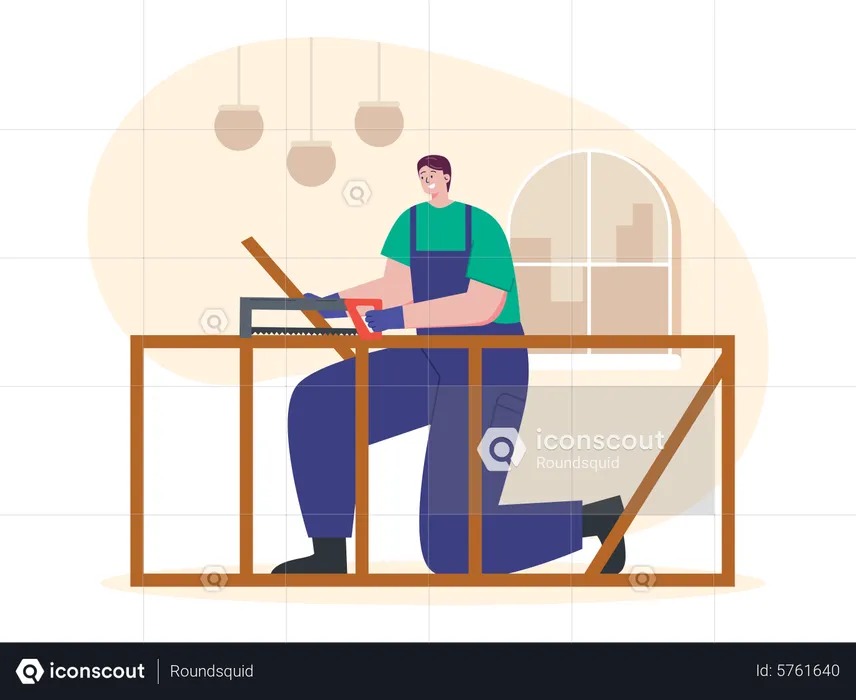 Male carpenter cutting wooden  Illustration