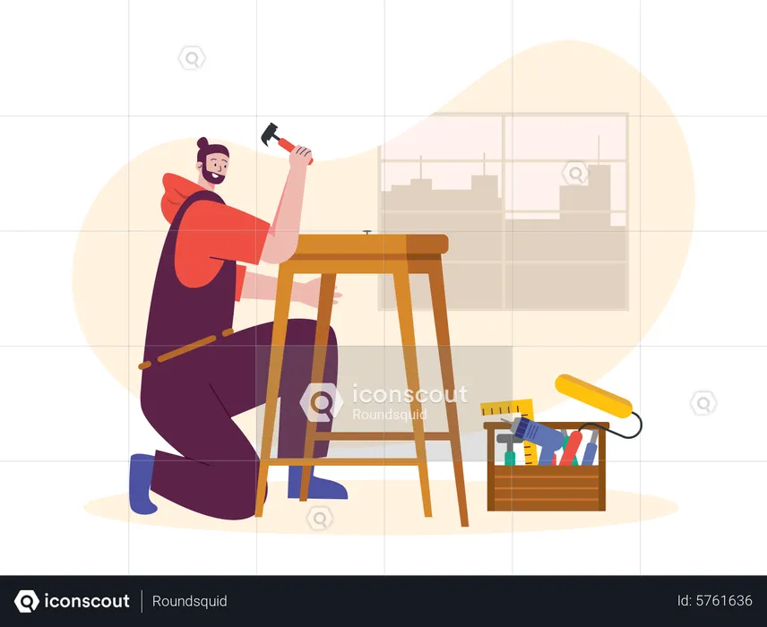 Male carpenter making stool  Illustration