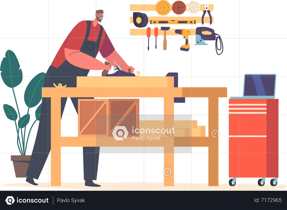Male Carpenter Work In A Carpentry Workshop with Plane Tool  Illustration