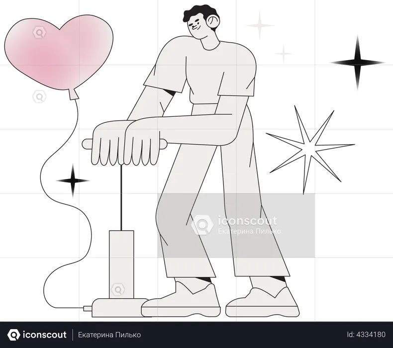 Male character blowing balloon in heart shape  Illustration