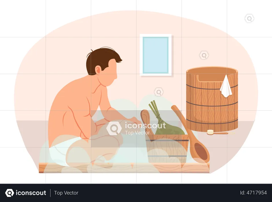 Male character in hot steam bath next to wooden font. Man is sitting and relaxing in sauna  Illustration
