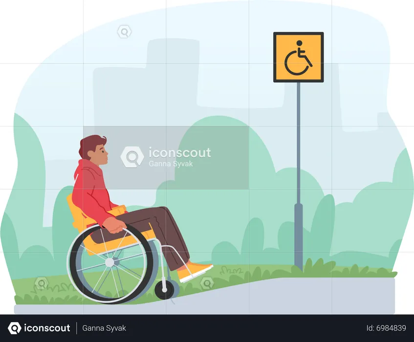 Male character in wheelchair ascending a ramp on street  Illustration