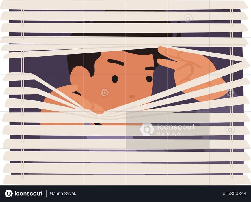 Male character spying through blinds on window  Illustration