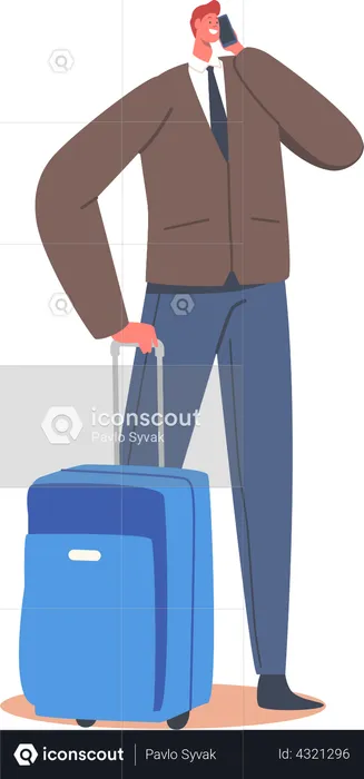 Male Character with Luggage Holding Smartphone in Hands Waiting Departure in Airport Terminal Area  Illustration