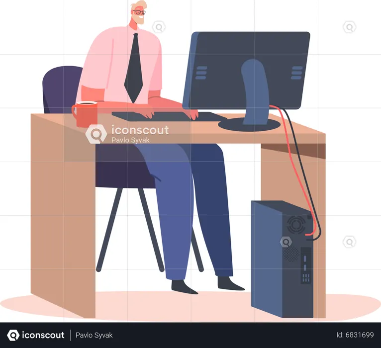Male Character Working With Big Data Technical Information on Pc  Illustration