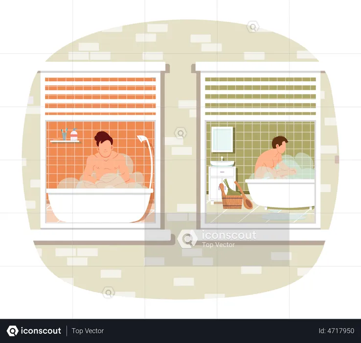 Male characters lying and relaxing in hot water. View from window on guys resting in home sauna  Illustration