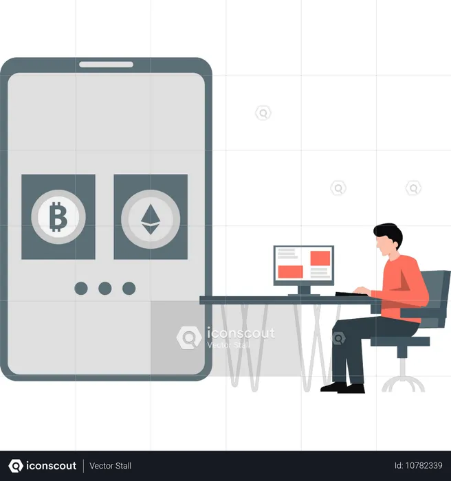 Male checking cryptocurrency wallet on mobile  Illustration