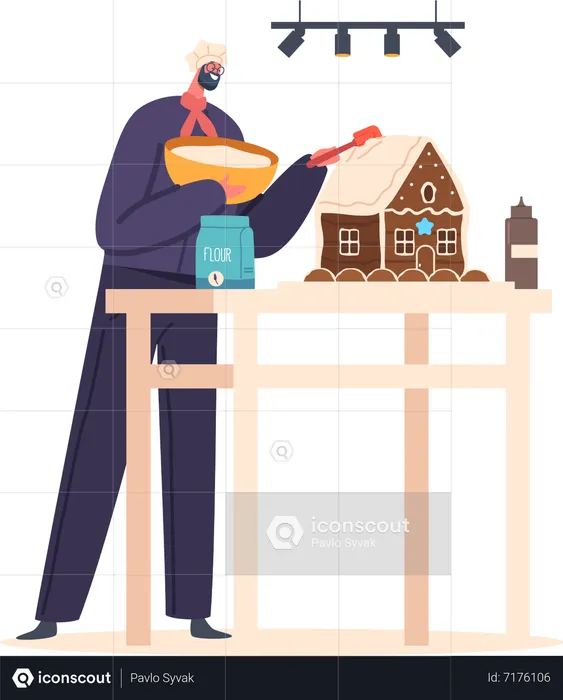 Male Chef baking Gingerbread House Dessert  Illustration