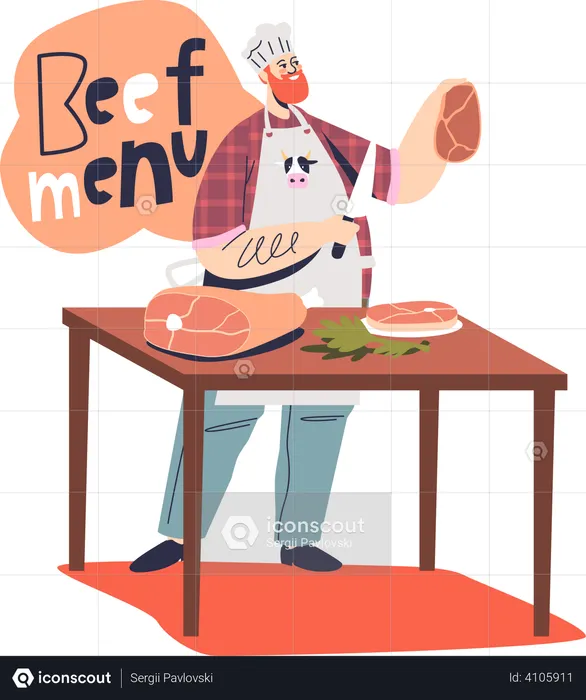 Male chef cook making steak and meat dishes for restaurant  Illustration