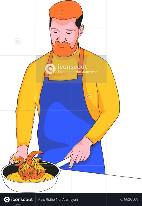 Male chef cooking food in frying pan  Illustration