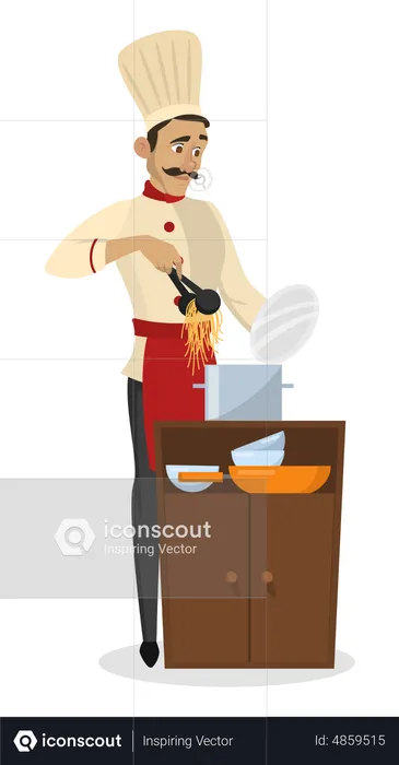 Male chef cooking noodles  Illustration
