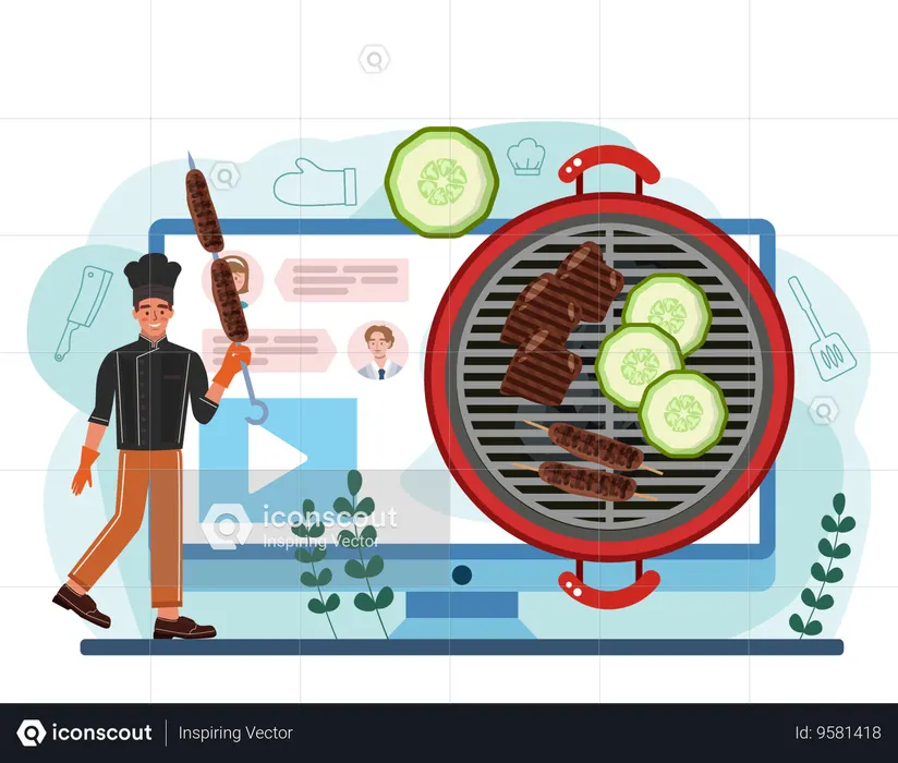 Male chef cooking online bbq food  Illustration