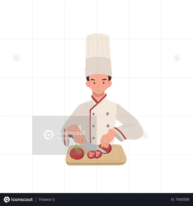 Male Chef cutting tomato on copping board  Illustration