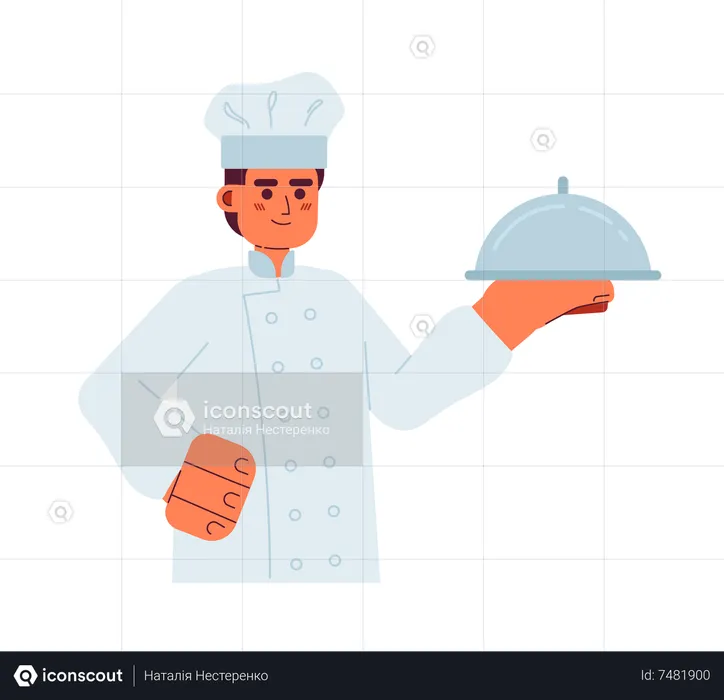Male chef hold silver platter  Illustration