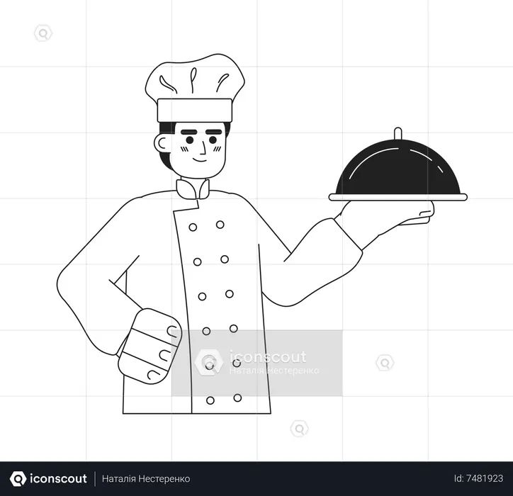 Male chef hold silver platter  Illustration