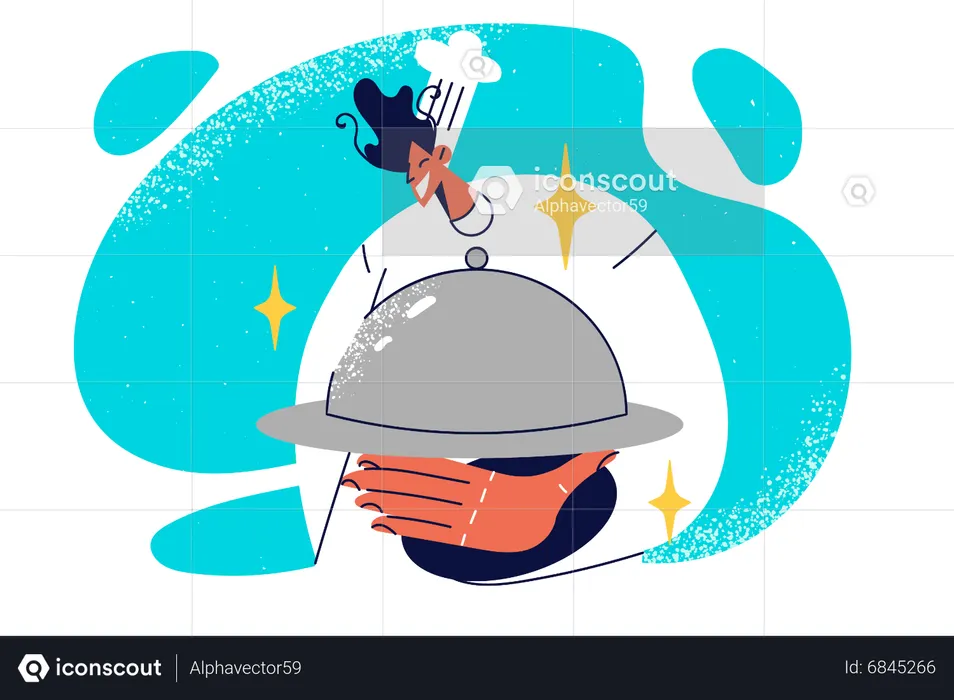 Male chef holding cloche  Illustration