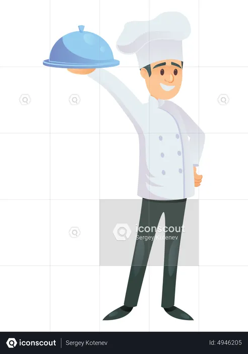 Male chef holding cloche in hand  Illustration