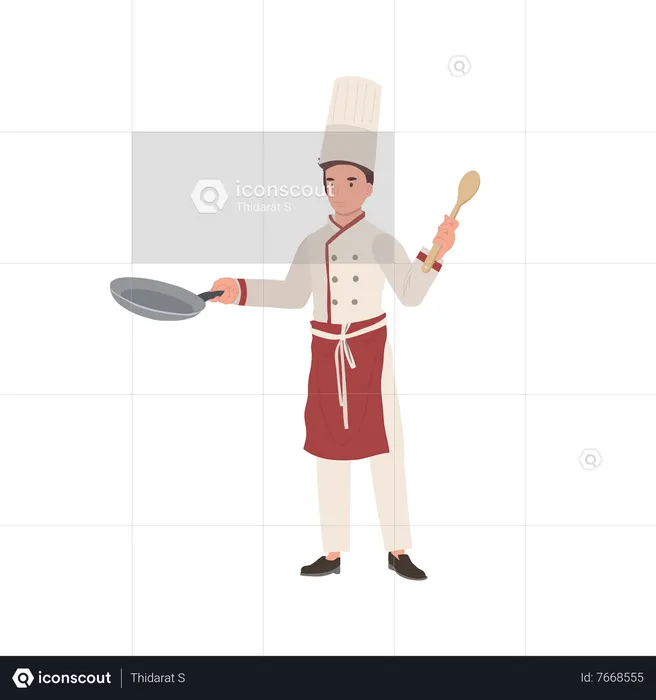 Male Chef in Chef Hat Holding Pan and Turner  Illustration